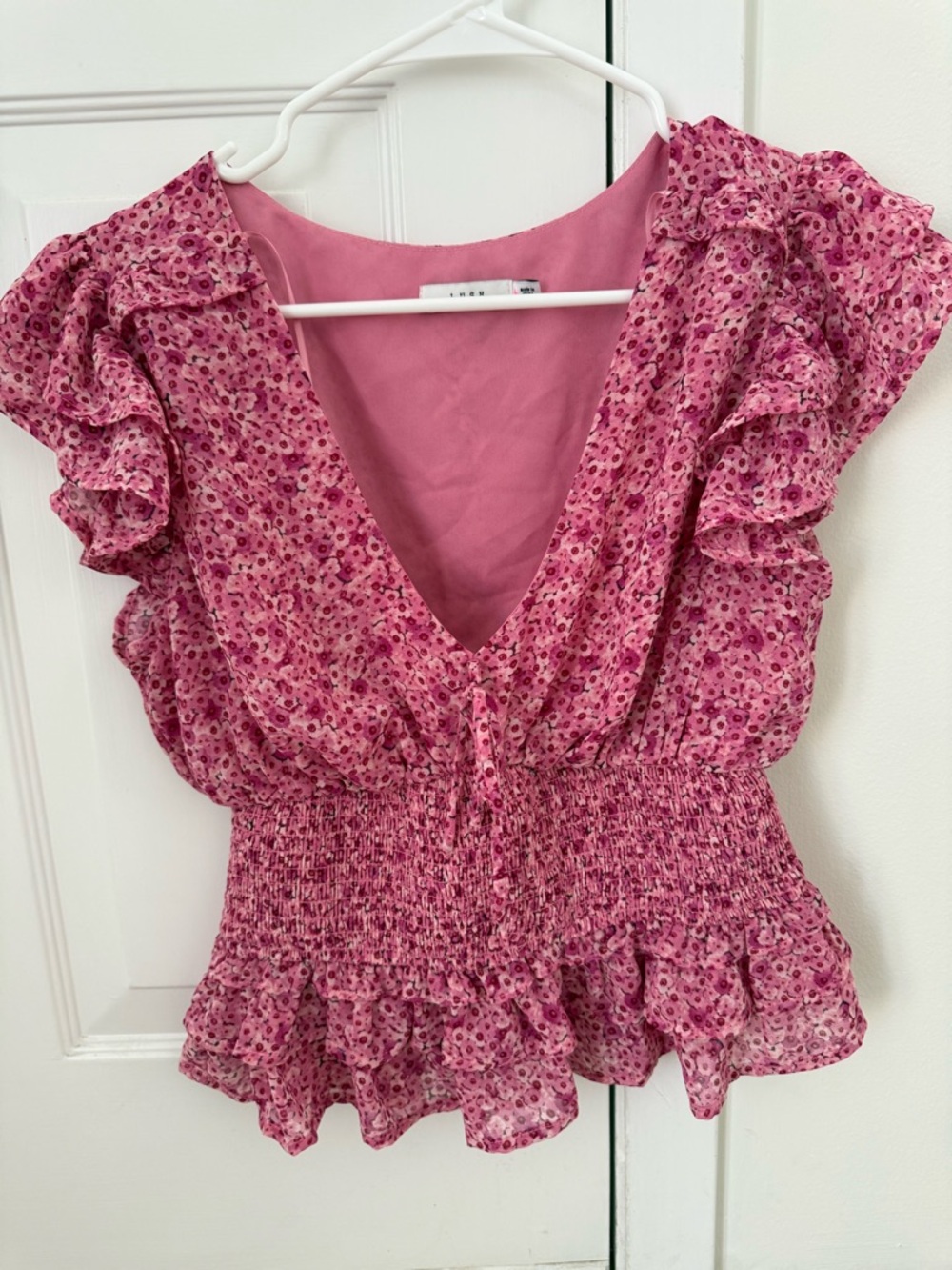 Pink Floral Ruffle V-Neck Smocked Waist Top